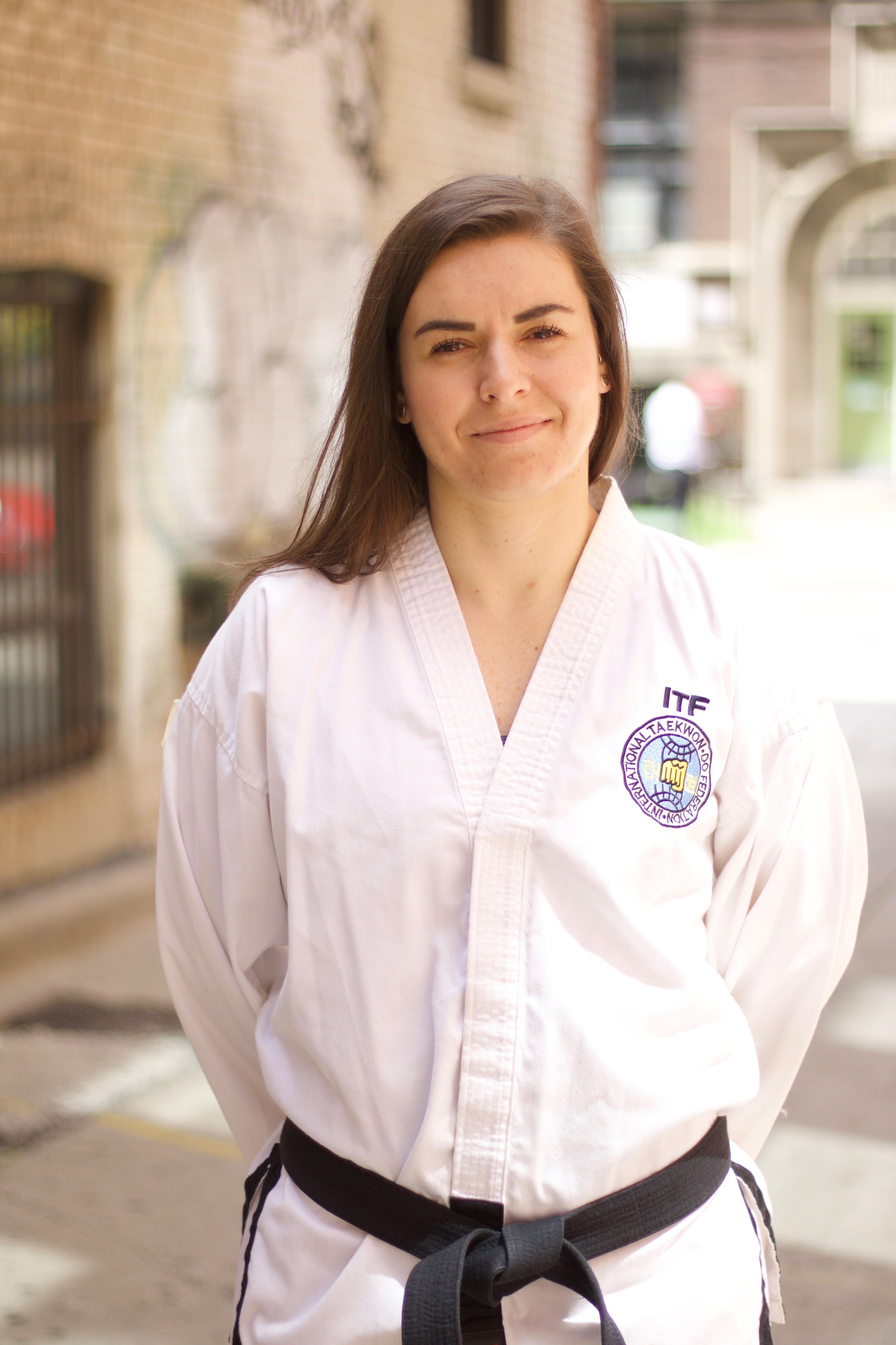 Dr Dessi Zaharieva posting in her Taekwondo outfit, called a dobok.