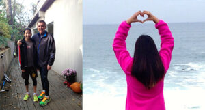 Father and daughter standing together in fitness gear. Daughter at the beach with her hands making the shape of a heart.
