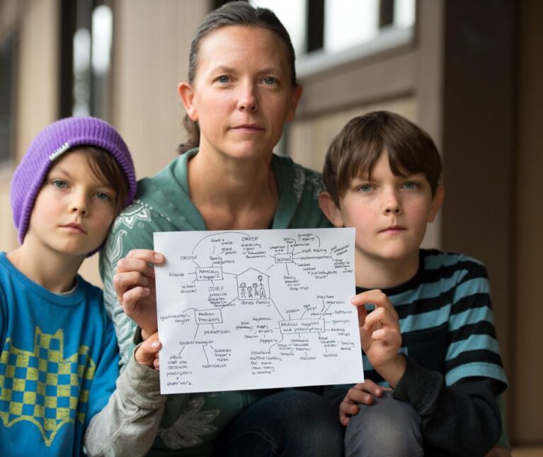 Young brothers with special health care needs stand on either side of their mother while she holds a copy of their care map.