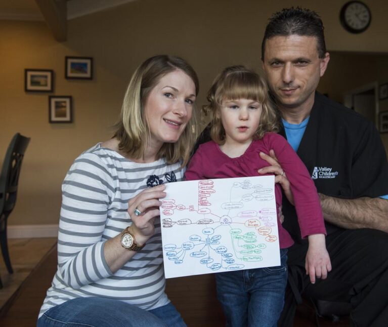 A young girl with special health care needs and her mother hold up a copy of her care map. There is an adult man also standing with them.