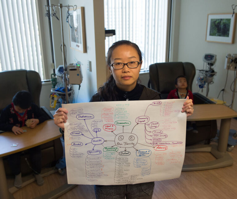 Young Asian mom holding up the care map for her sons with special health care needs.