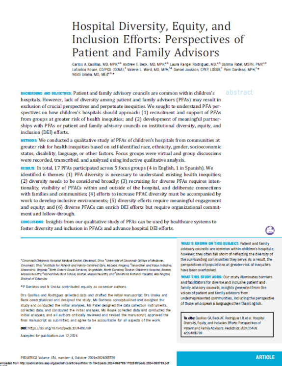 screenshot of first page of article in Pediatrics journal