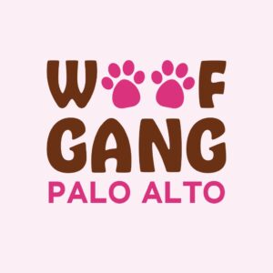 Logo for Woof Gang Palo Alto. The word ‘WOOF’ is in brown with two pink paw prints replacing the two O’s. Below it, ‘GANG’ appears in bold brown letters, and ‘PALO ALTO’ is written in pink beneath.