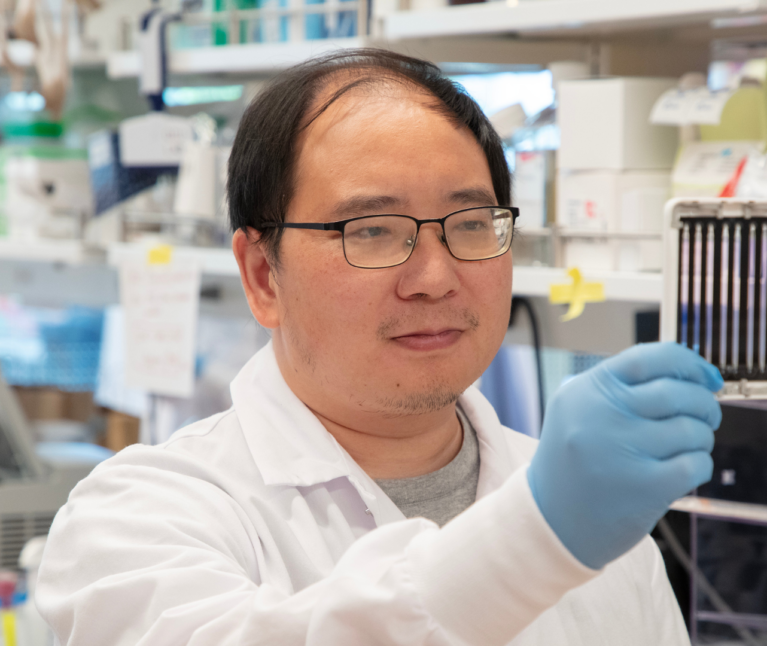Stanford Scientist in a white lab coat and blue lab gloves observing a small piece of scientific lab equipment.