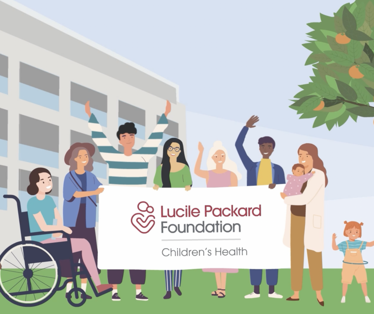 Illustration of group of people holding a sign with Lucile Packard Foundation logo.