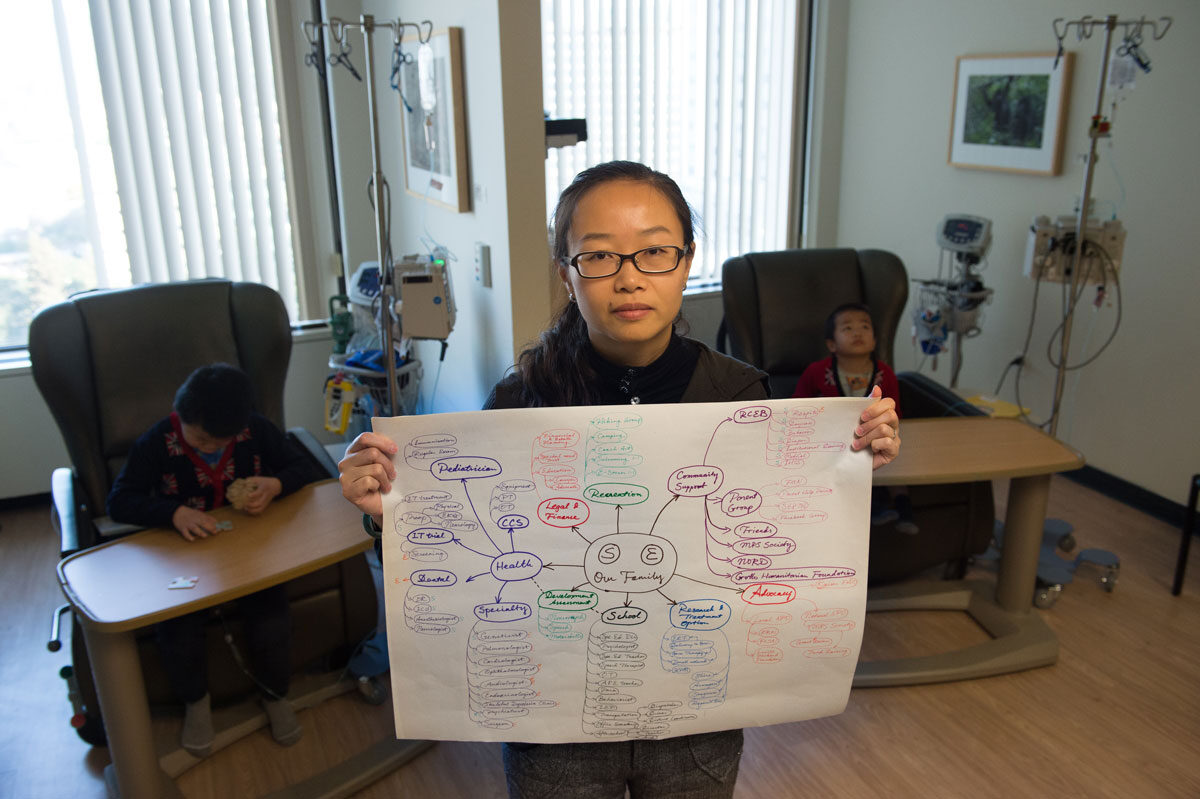 Young Asian mom holding up the care map for her sons with special health care needs.