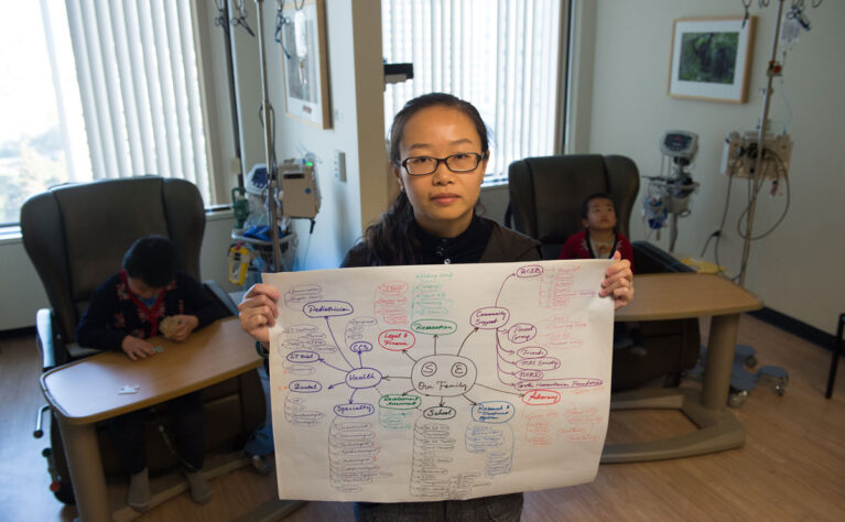 Young Asian mom holding up the care map for her sons with special health care needs.