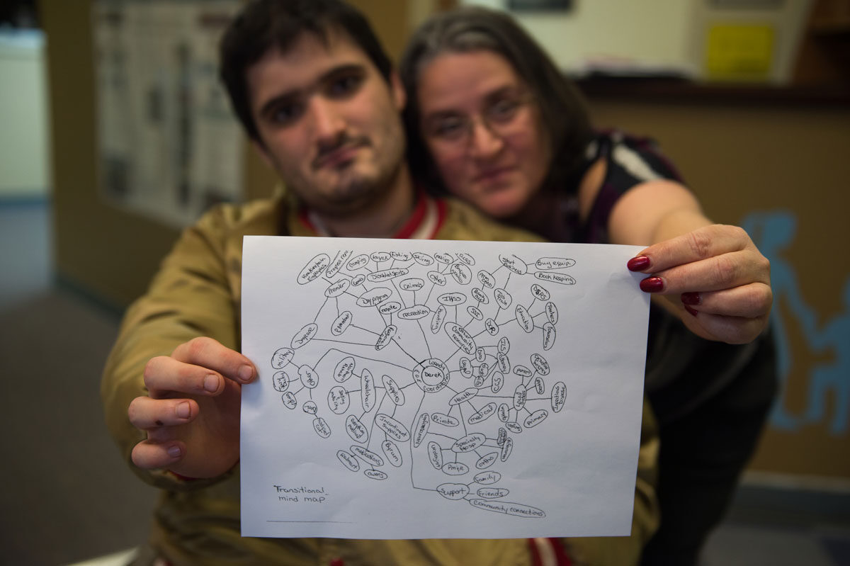 A mom and her adult son with special health care needs hold up a copy of his care map.