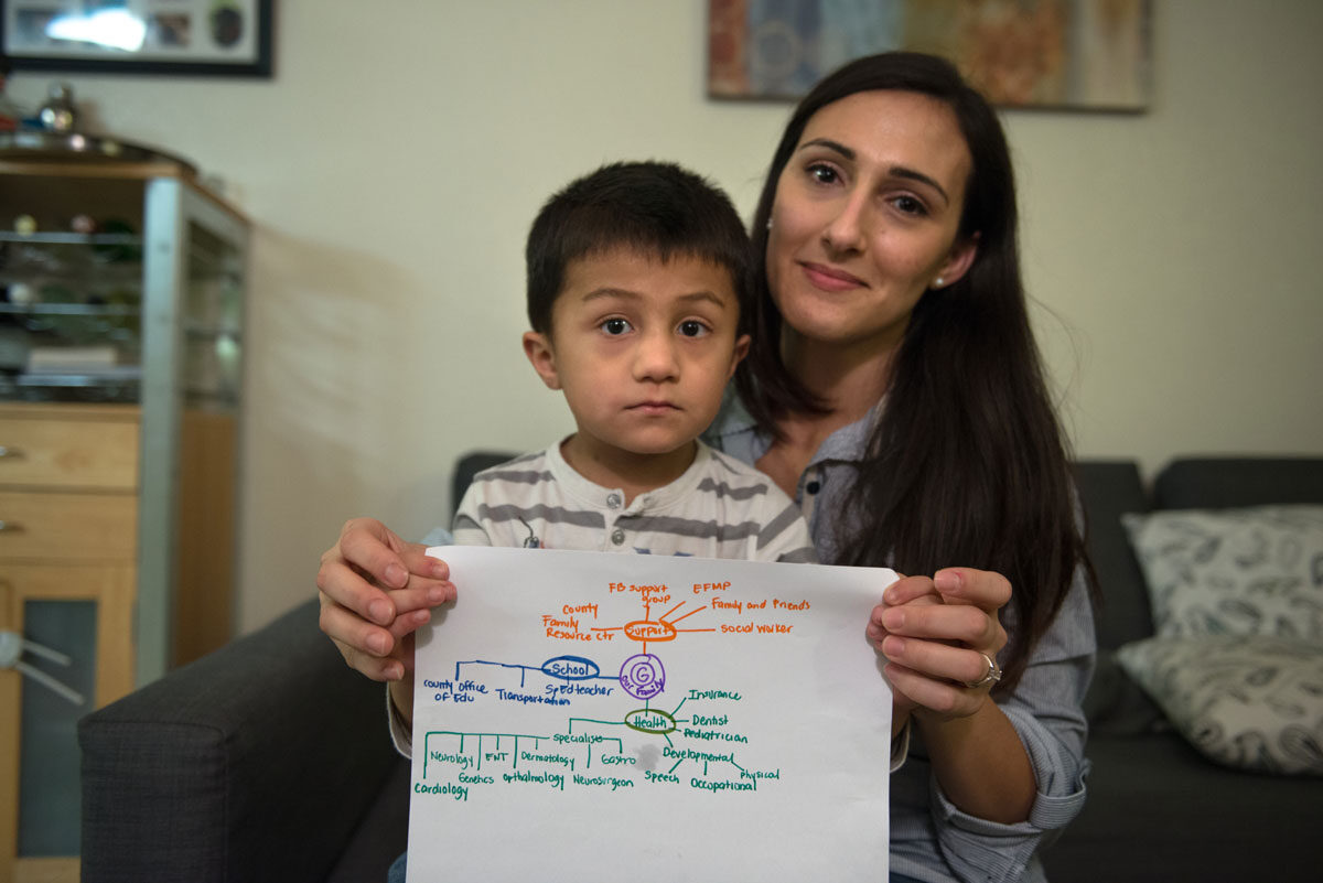 A young boy with special health care needs and his mother hold up his care map.