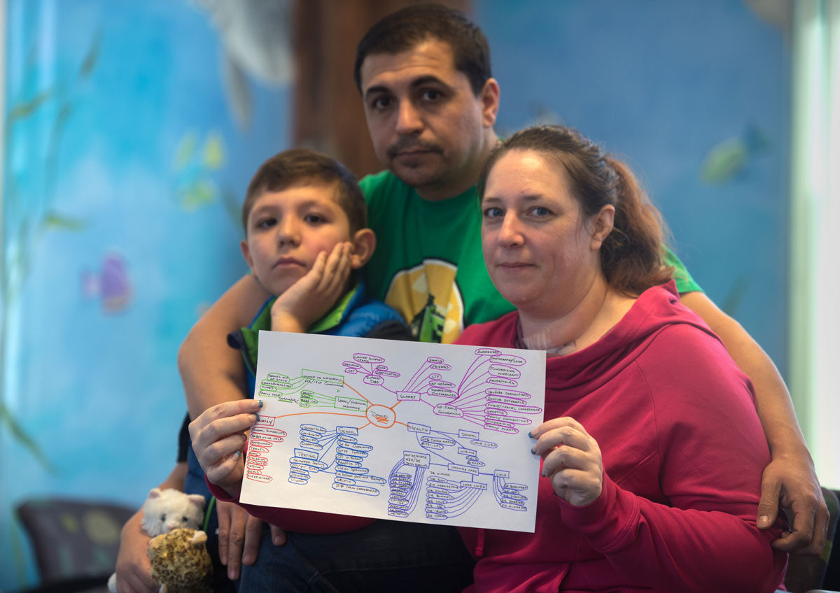 A boy with special health care needs sits on his father's lap, while his mother, seated next to him, holds up his care map.