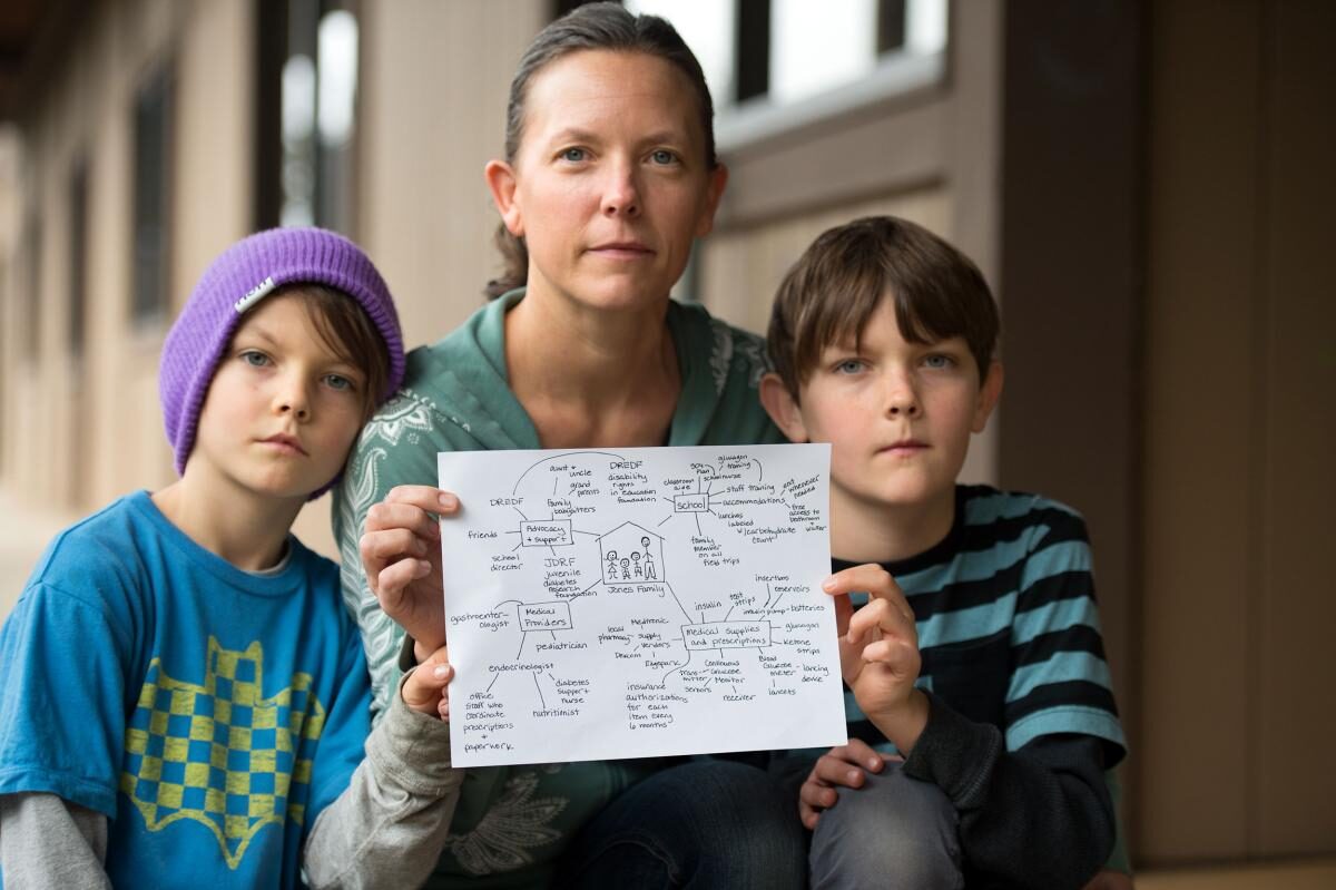 Young brothers with special health care needs stand on either side of their mother while she holds a copy of their care map.