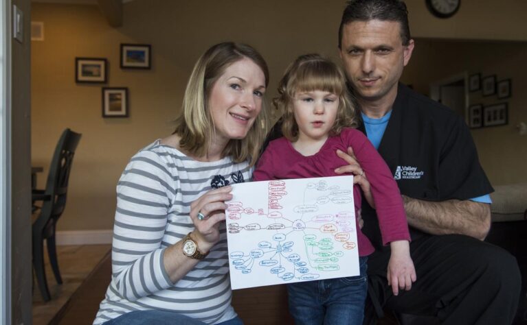 A young girl with special health care needs and her mother hold up a copy of her care map. There is an adult man also standing with them.
