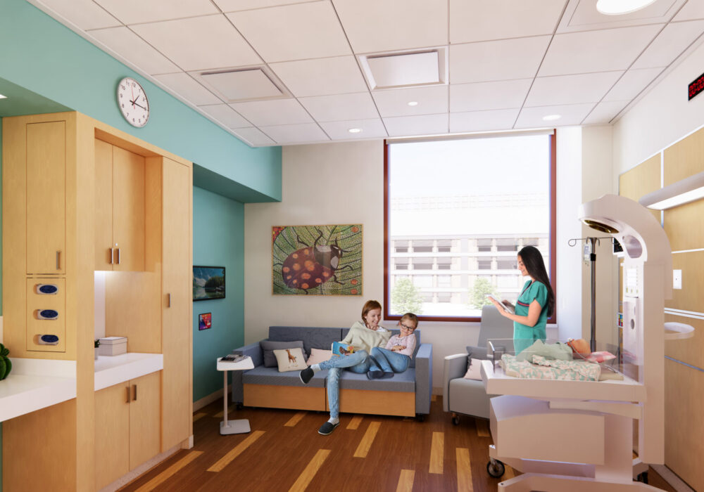 Family and nurse inside NICU patient room.