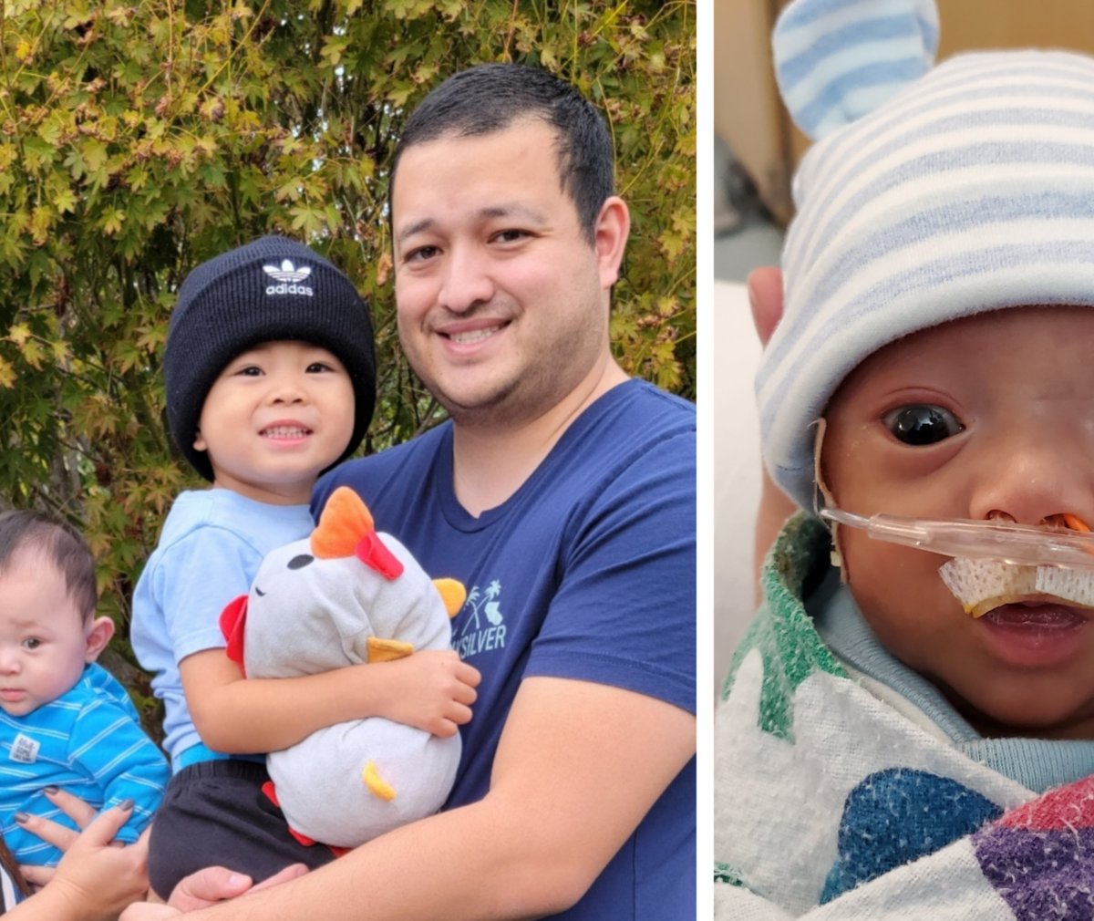 Emmett and father on left. Emmett as a micro-preemie on right.