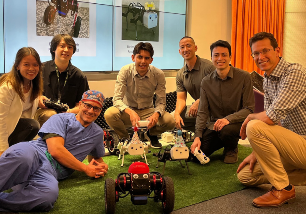 Students and robotic puppies.