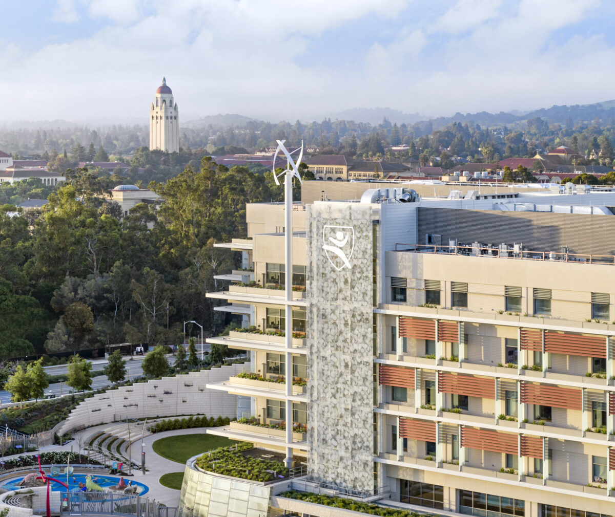 Aerial shot of the Lucile Packard Children's Hospital