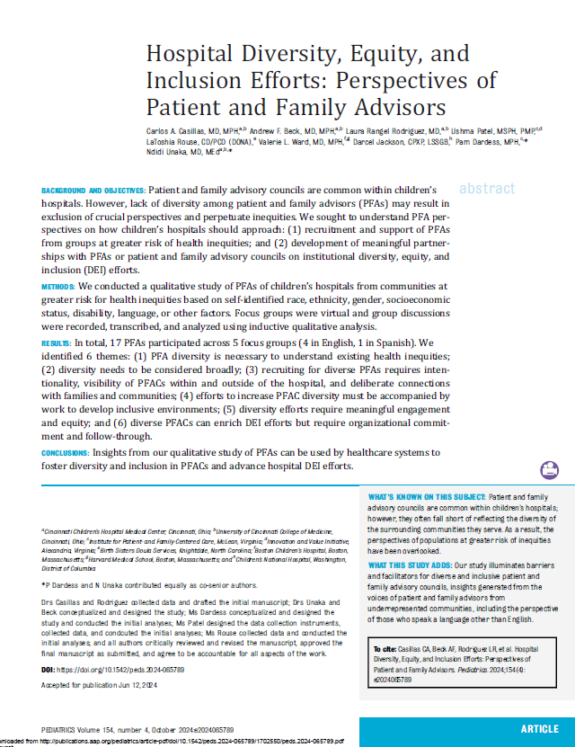 screenshot of first page of article in Pediatrics journal