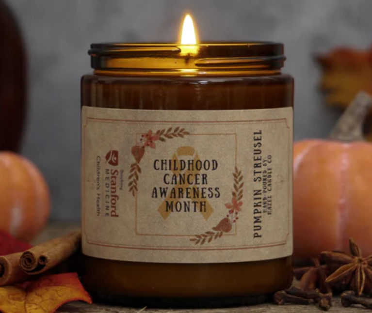 A small lit candle with small pumpkins in the background.