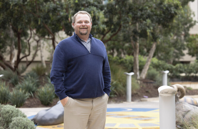 Dr Justin Baker poses in the Stanford Children's Hospital garden