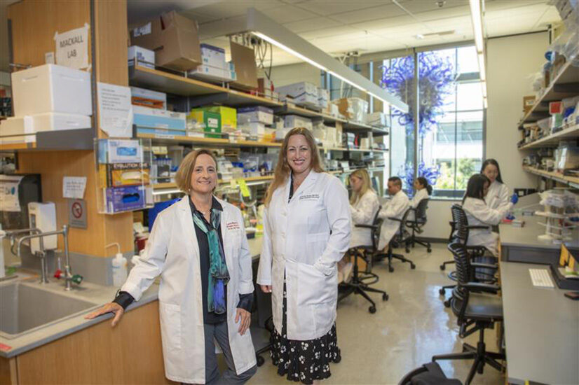 Dr Michelle Monje and doctor posed in the lab.