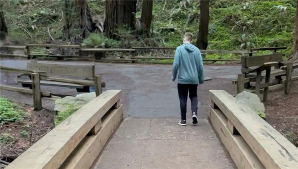 Boy walking away from camera in park.