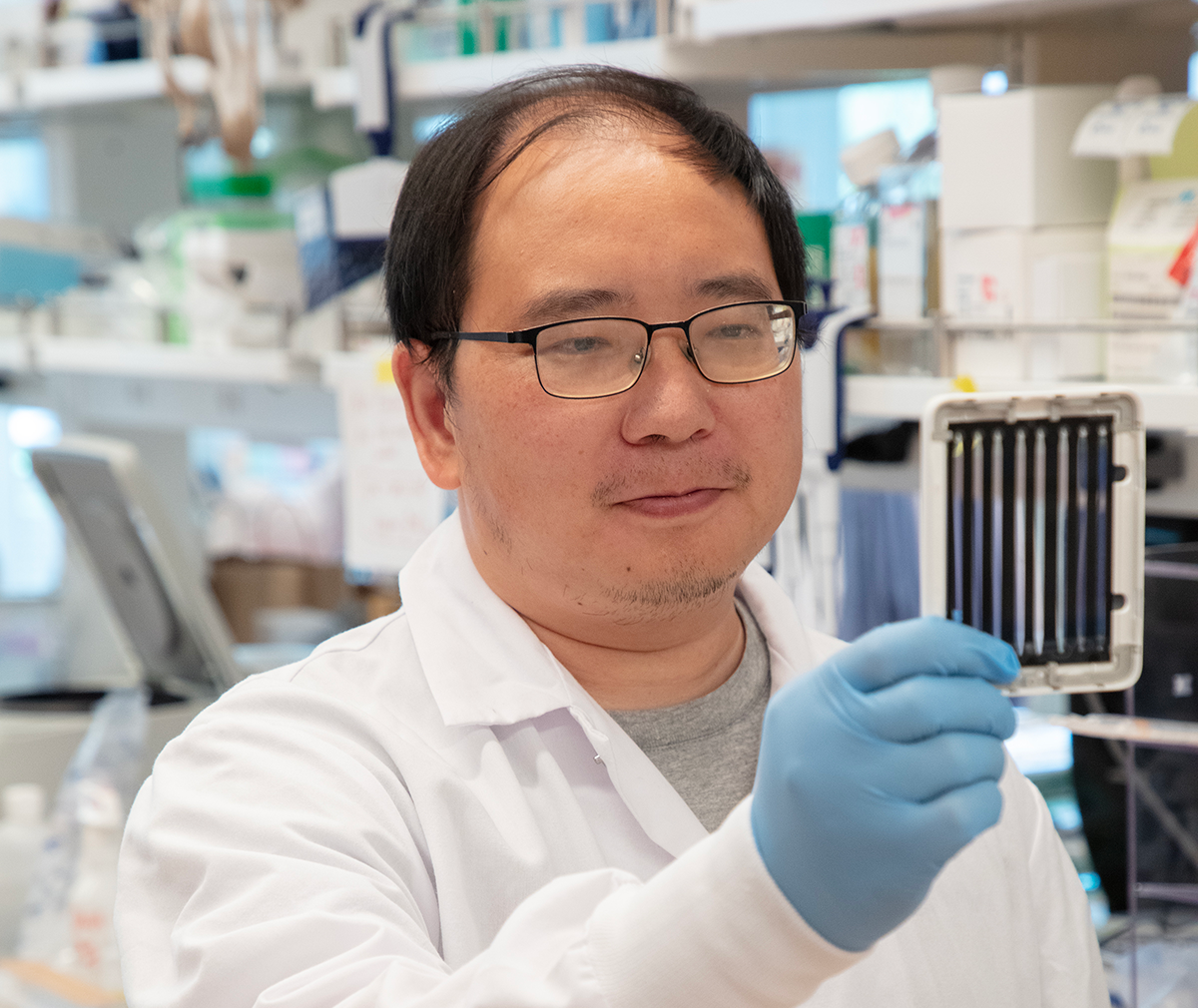 Dr Xiaojie Qiu holding testing equipment in lab.