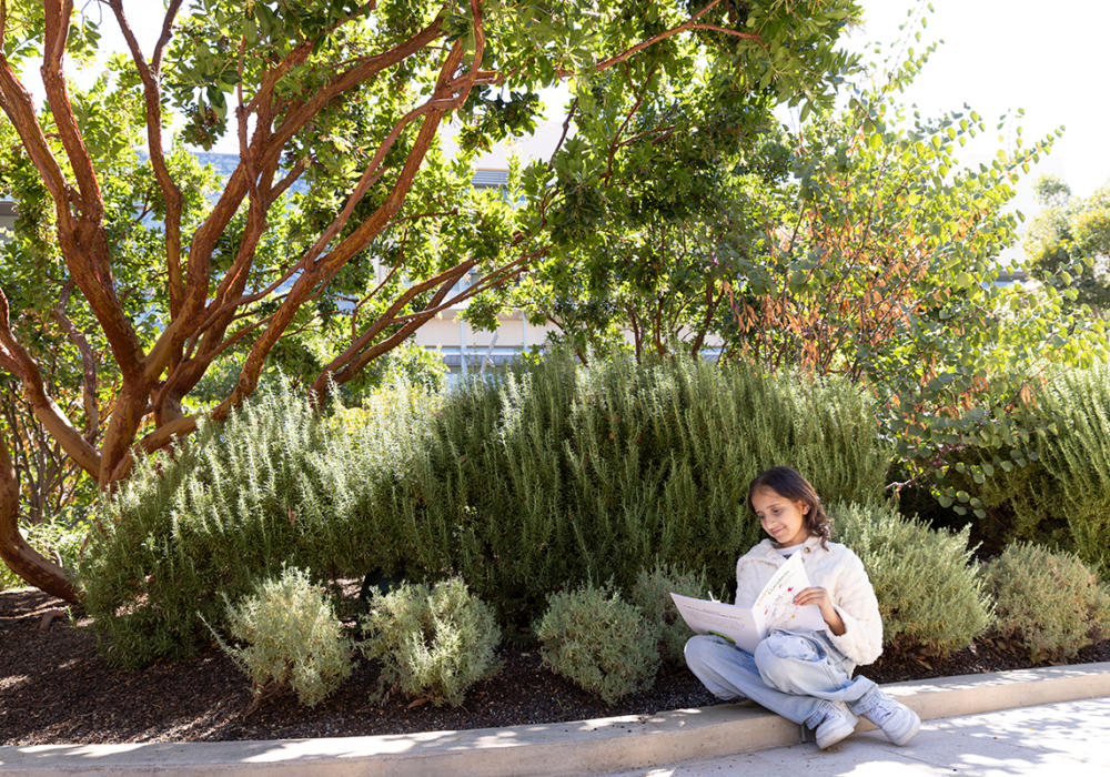 Patient reading a book in one of Lucile Packards healing gardens.