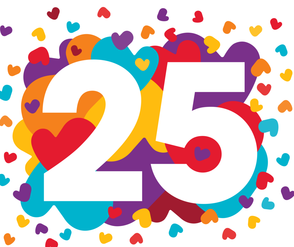 AE Celebration Logo, number 25 surrounded by decorative and multicolored hearts.