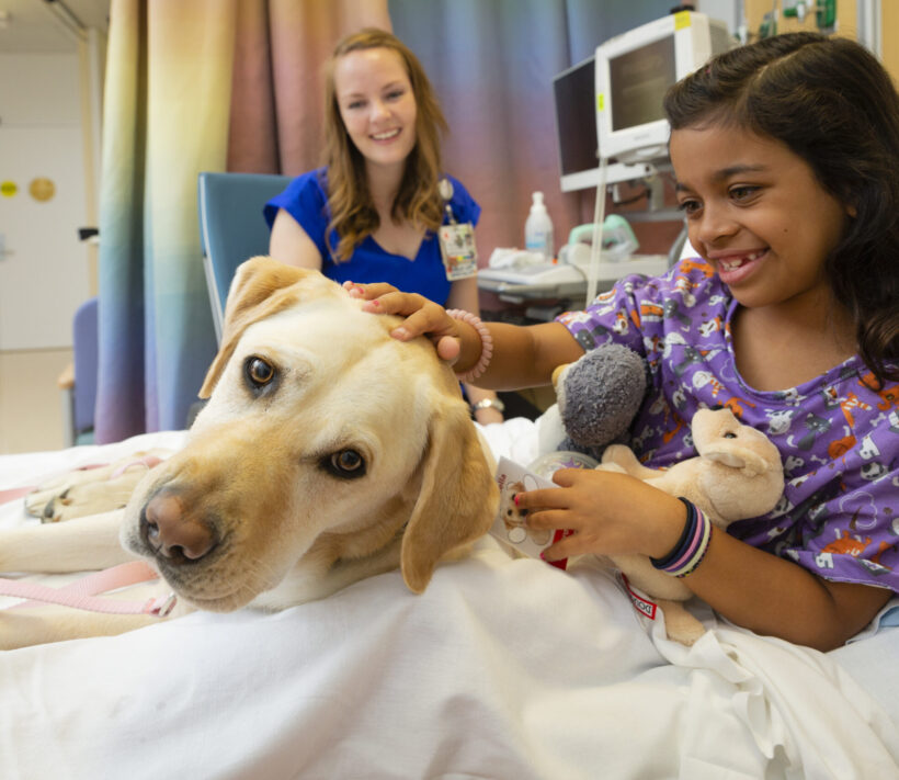 Young patient petting a therapy dog