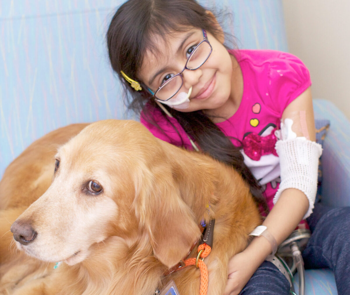 Lexsea Morgan sits with a golden retriever dog in a hospital chair with gauze on her arm and a tube in her nose.